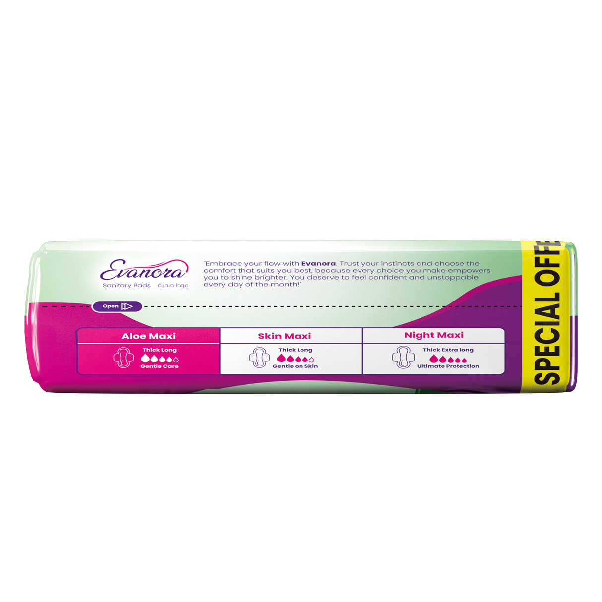 Evanora Sanitary Pads Aloe Maxi 50 Count | Thick & Long | Gentle Care with Aloe Vera + Vitamin E | Ultra Absorbent, Anti-Leak, Breathable | Skin-Friendly Feminine Pads for Women