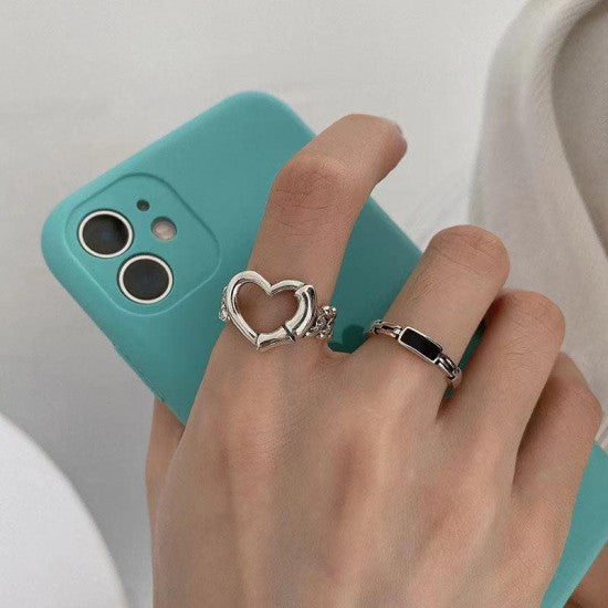 2 Pcs Fashion Heart Shaped Mixture Ring Hip-Hop Punk Hollow Women Ring Silver