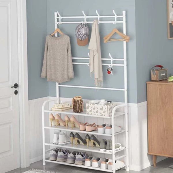 White Metal 4-Tier Shoe Rack & Hat Coat Hanger Multipurpose Organizer with 8 Hooks Perfect for Entryways Bedrooms or Living Rooms - Shop N Save