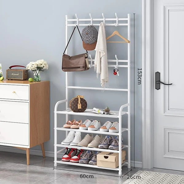 White Metal 4-Tier Shoe Rack & Hat Coat Hanger Multipurpose Organizer with 8 Hooks Perfect for Entryways Bedrooms or Living Rooms - Shop N Save