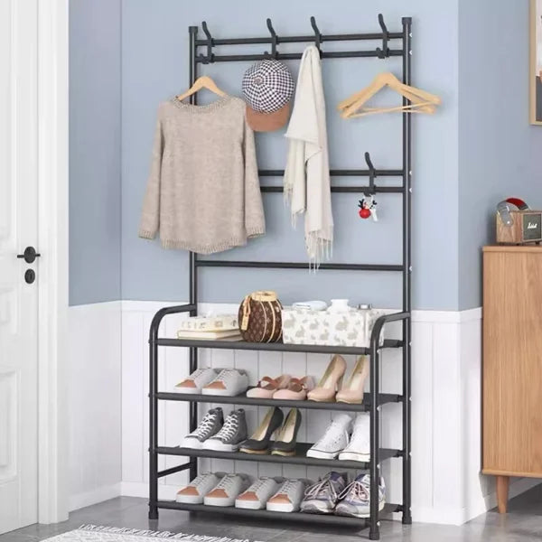 White Metal 4-Tier Shoe Rack & Hat Coat Hanger Multipurpose Organizer with 8 Hooks Perfect for Entryways Bedrooms or Living Rooms - Shop N Save