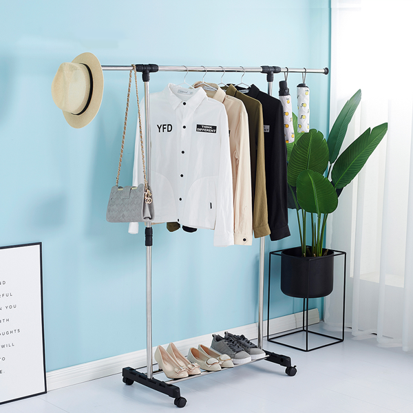 Portable Telescopic Single Pole Clothes Hanger Rack with Wheels Silver Stainless Steel Floor Installation Foldable - Shop N Save