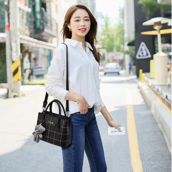 Cute Bear Double Handle Women Shoulder Bag Grid Textured Synthetic Leather Zipper Closure Black - Shop N Save