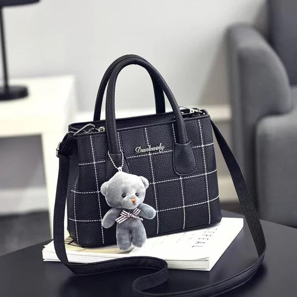 Cute Bear Double Handle Women Shoulder Bag Grid Textured Synthetic Leather Zipper Closure Black - Shop N Save