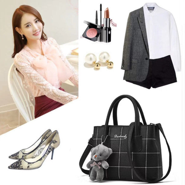 Cute Bear Double Handle Women Shoulder Bag Grid Textured Synthetic Leather Zipper Closure Black - Shop N Save