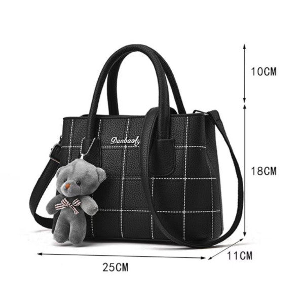 Cute Bear Double Handle Women Shoulder Bag Grid Textured Synthetic Leather Zipper Closure Black - Shop N Save