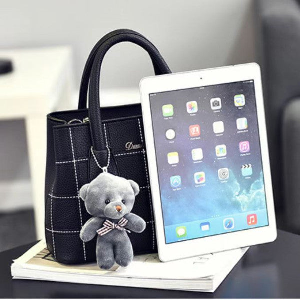 Cute Bear Double Handle Women Shoulder Bag Grid Textured Synthetic Leather Zipper Closure Black - Shop N Save