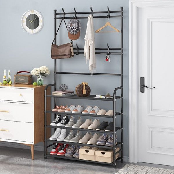 Multifunctional 5 Tiers Shoe Rack And Hat Coat Hanger - Black