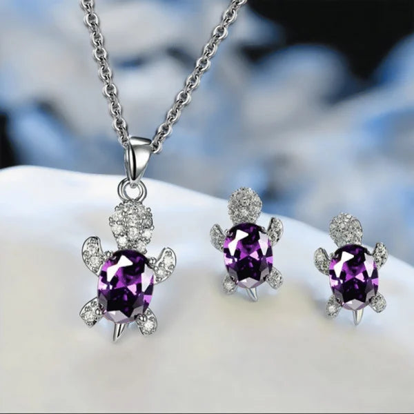 Shiny Turtle Pendant Necklace with Rhinestones Fashion Jewelry Set for Women Silver Plated Purple Shades Hook Closure