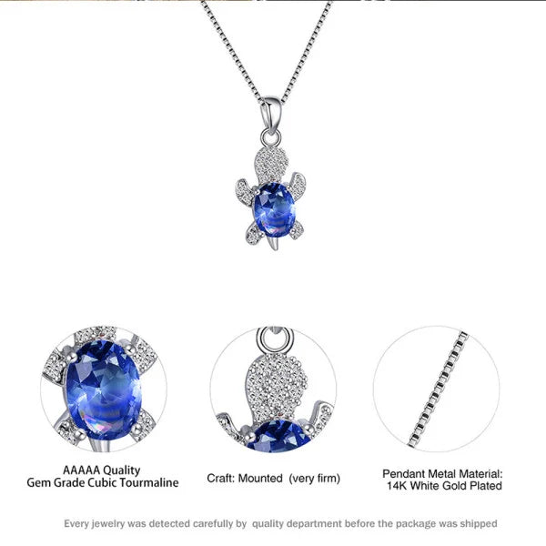 Shiny Turtle Pendant Necklace with Rhinestones Fashion Jewelry Set for Women Silver Plated Purple Shades Hook Closure