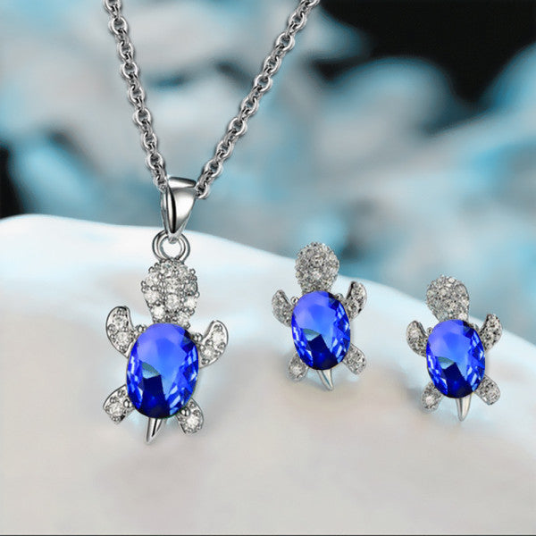 Shiny Blue Turtle Pendant Necklace with Rhinestones Women's Silver Plated Fashion Jewellery Set