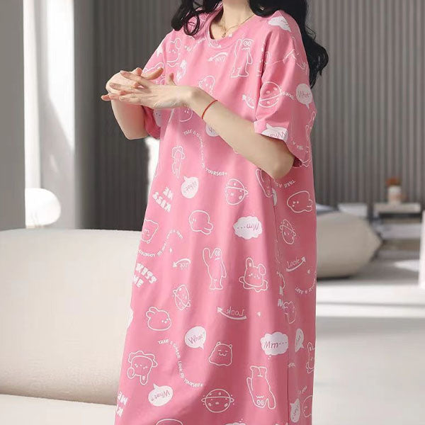 Pink Cartoon Print Midi Night Dress - Casual Sleepwear Women - Shop N Save