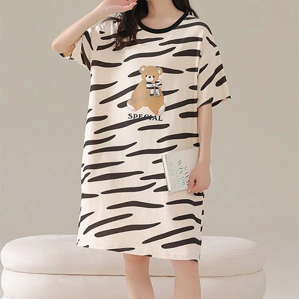 Comfy Striped Midi Night Dress - Stylish, Black, Terylene Cotton Blend - Shop N Save