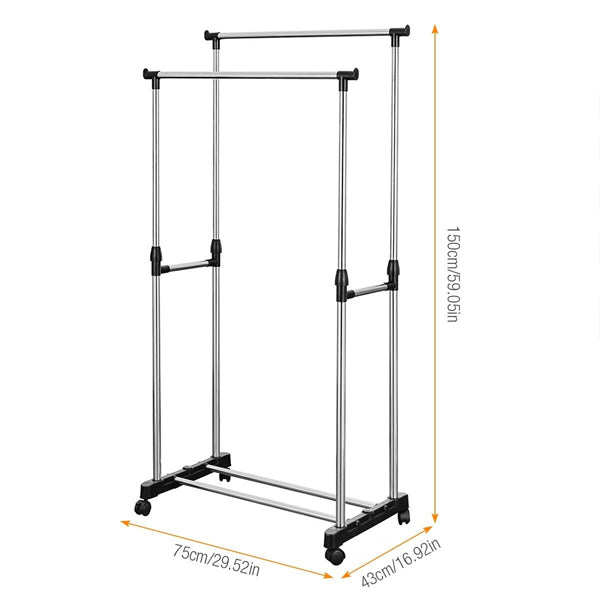 Easy-Assembly Silver Double Pole Clothes Hanger Adjustable & Moveable Ideal for Clothing Storage Drying and Space Saving Stainless Steel - Shop N Save
