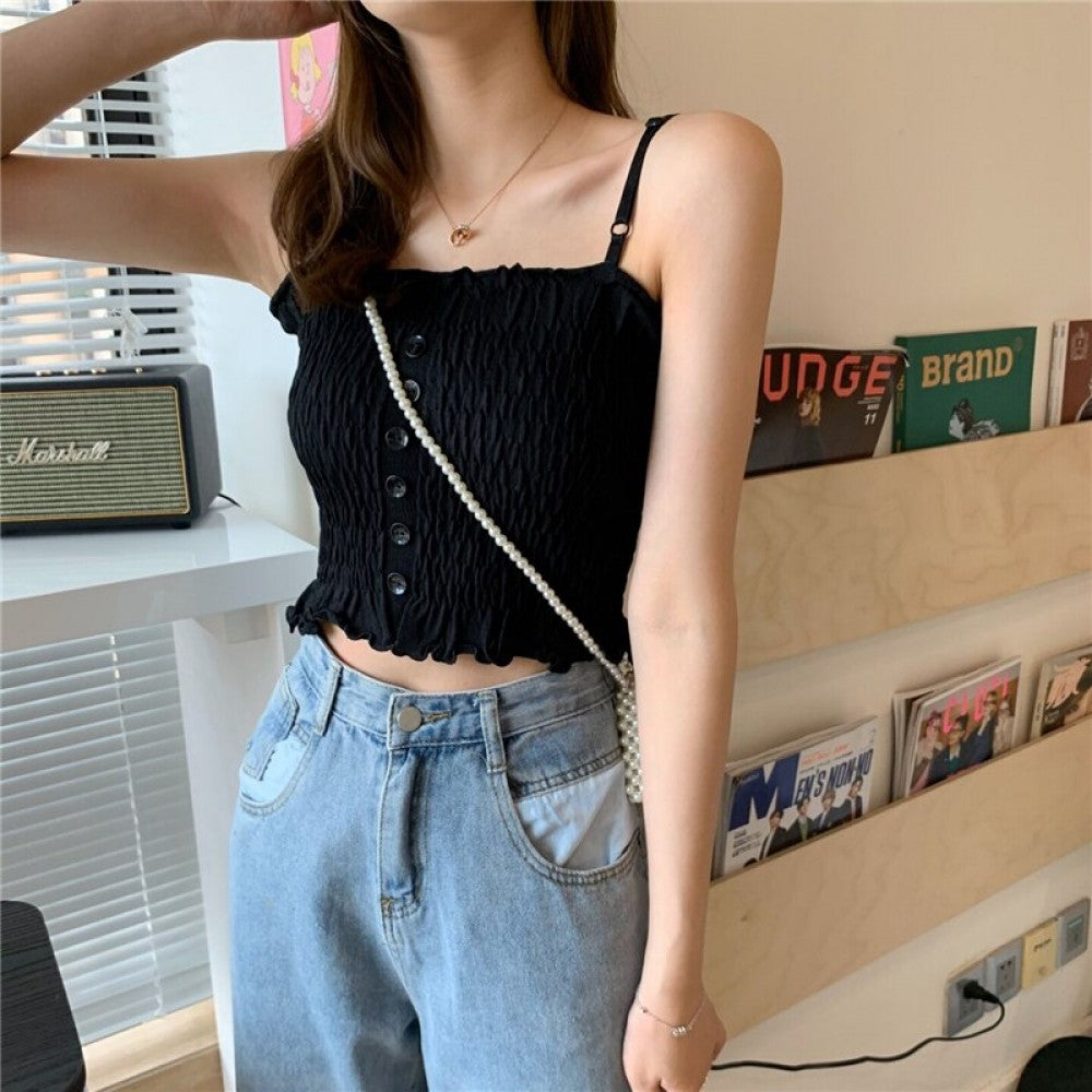 Women Slim Solid Wrinkle Crop Tops Shirt - Black - Shop N Save