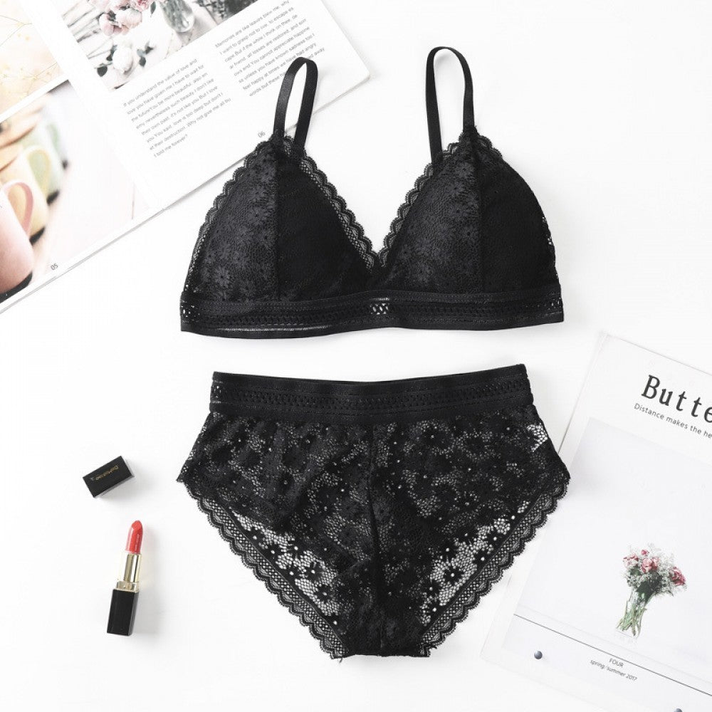 Classy Lace Underwear Suit V-Neck Hollow Out - Black - Shop N Save