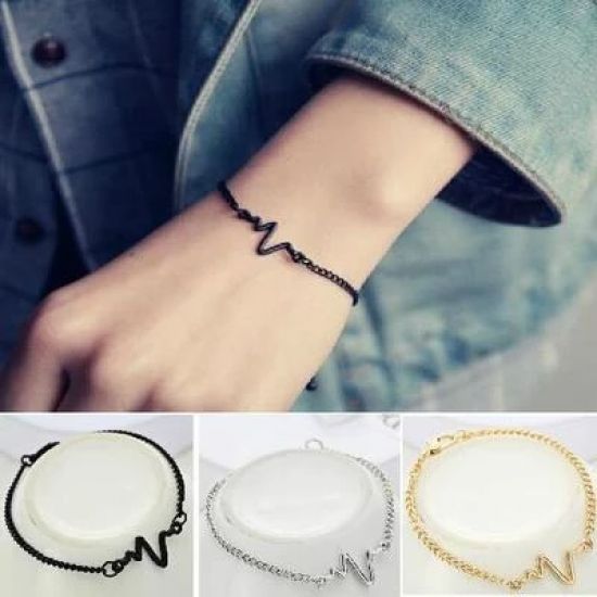 Cardiogram Lightning Design Couple Heartbeat Bracelet - Silver
