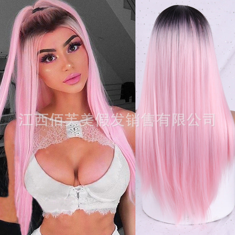 Wig for women, burgundy, middle-parted, fashionable long straight hair, high-temperature silk, chemical fiber headgear.