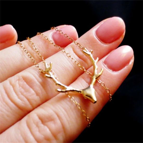 Women Deer Antler Christmas Gift Reindeer Pendant Necklace Silver