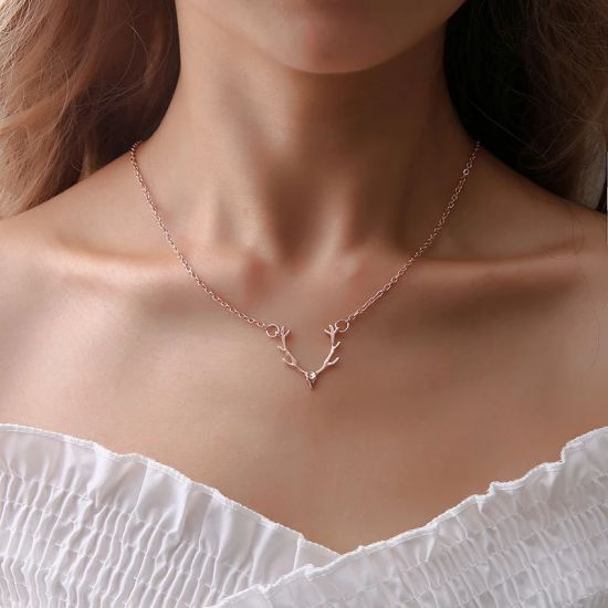 Women Deer Antler Christmas Gift Reindeer Pendant Necklace Golden