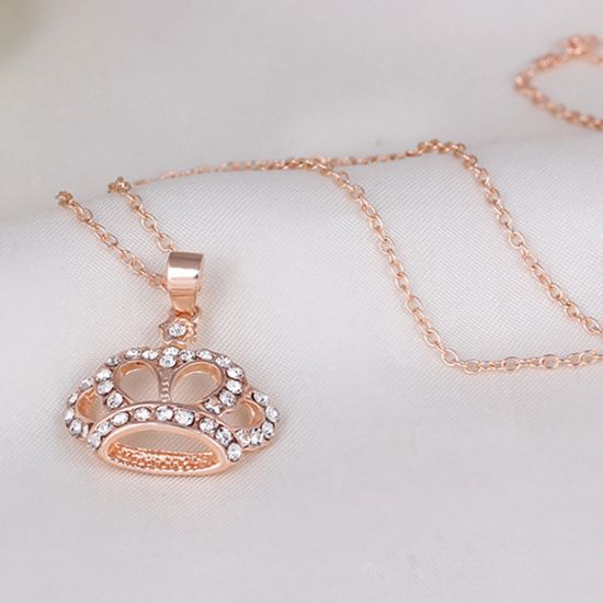 Crown Pendant Necklace Clear Rhinestone Silver