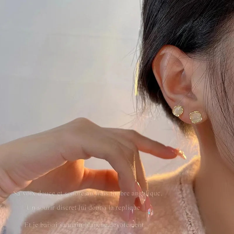 Golden Geometric Opal Studs: Korean Triangle & Circle Earrings Set - Shop N Save