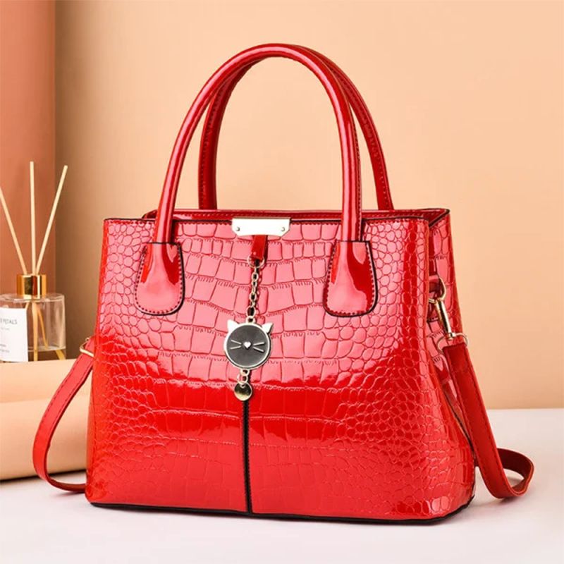 Red Croc Texture Handbag: Stylish, Spacious, Sleek, Glossy Elegance - Shop N Save