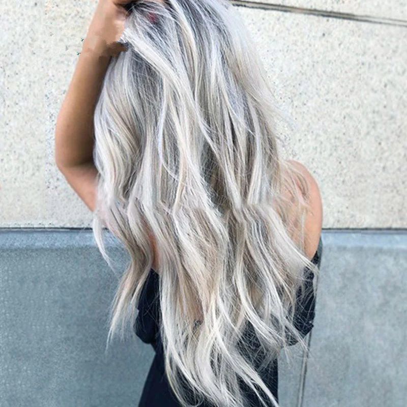 Wavy Long Hair Wig - Black & Gray Gradient T-Color European Fashion Headgear