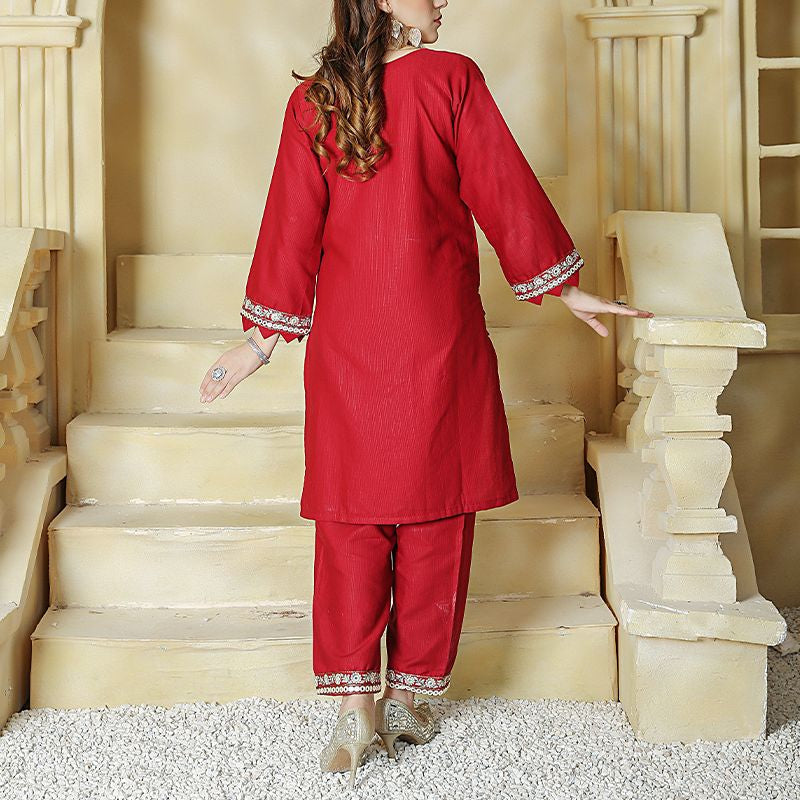 2 Piece Kurti Salwar Embroidery Set - Pure Cotton Collection Stylish Solid Color Light Weight Cotton Fabric Suit Top Bottom Salwar Kameez Indian Pakistani Embroidered Suit For Event Party Outdoor Dress - Maroon - Shop N Save