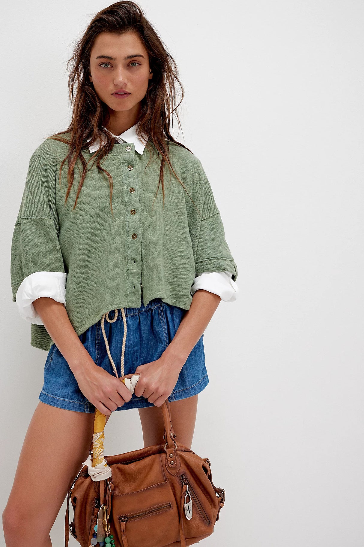 Linen Cardigan Button-up Top Three-quarter Sleeves Solid Color Womens Clothing