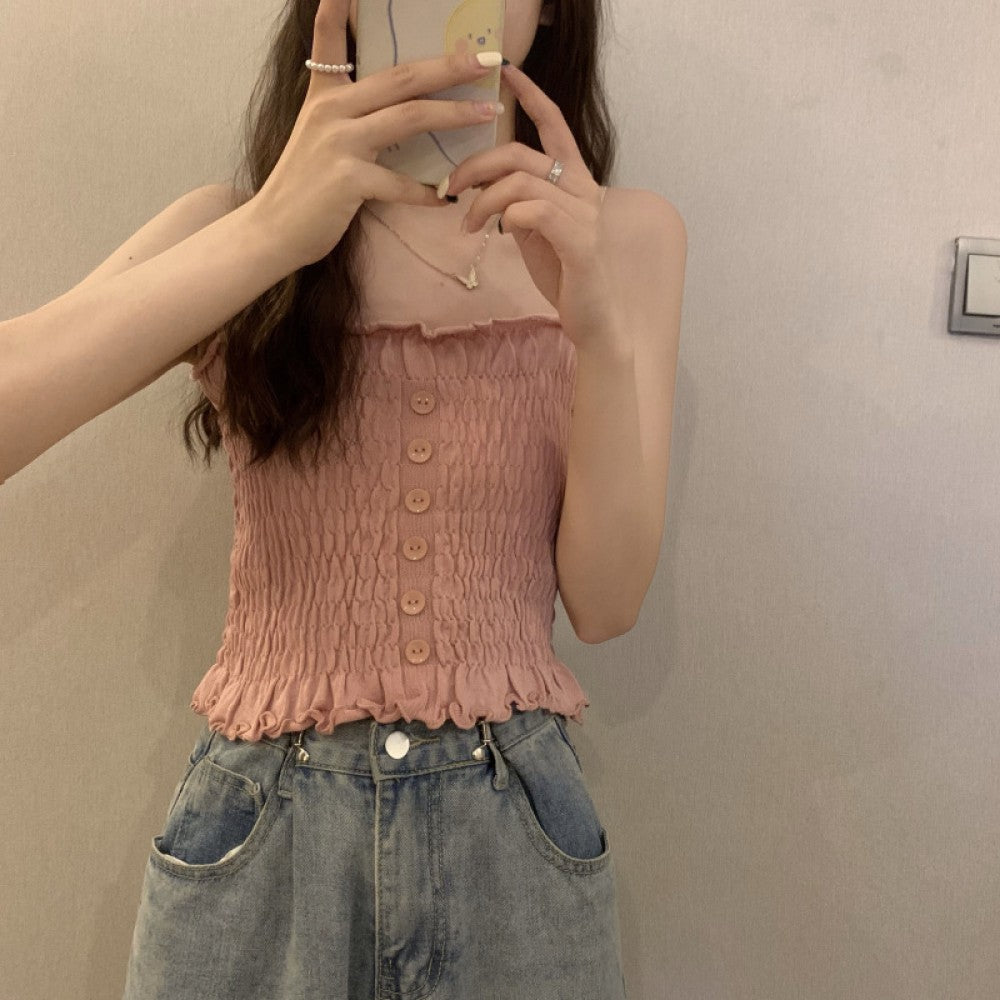 Women Slim Solid Wrinkle Crop Tops Shirt - Pink - Shop N Save