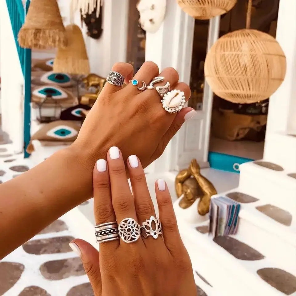 Boho Crystal Finger Rings: Snake, Moon & Star Set for Summer - Shop N Save