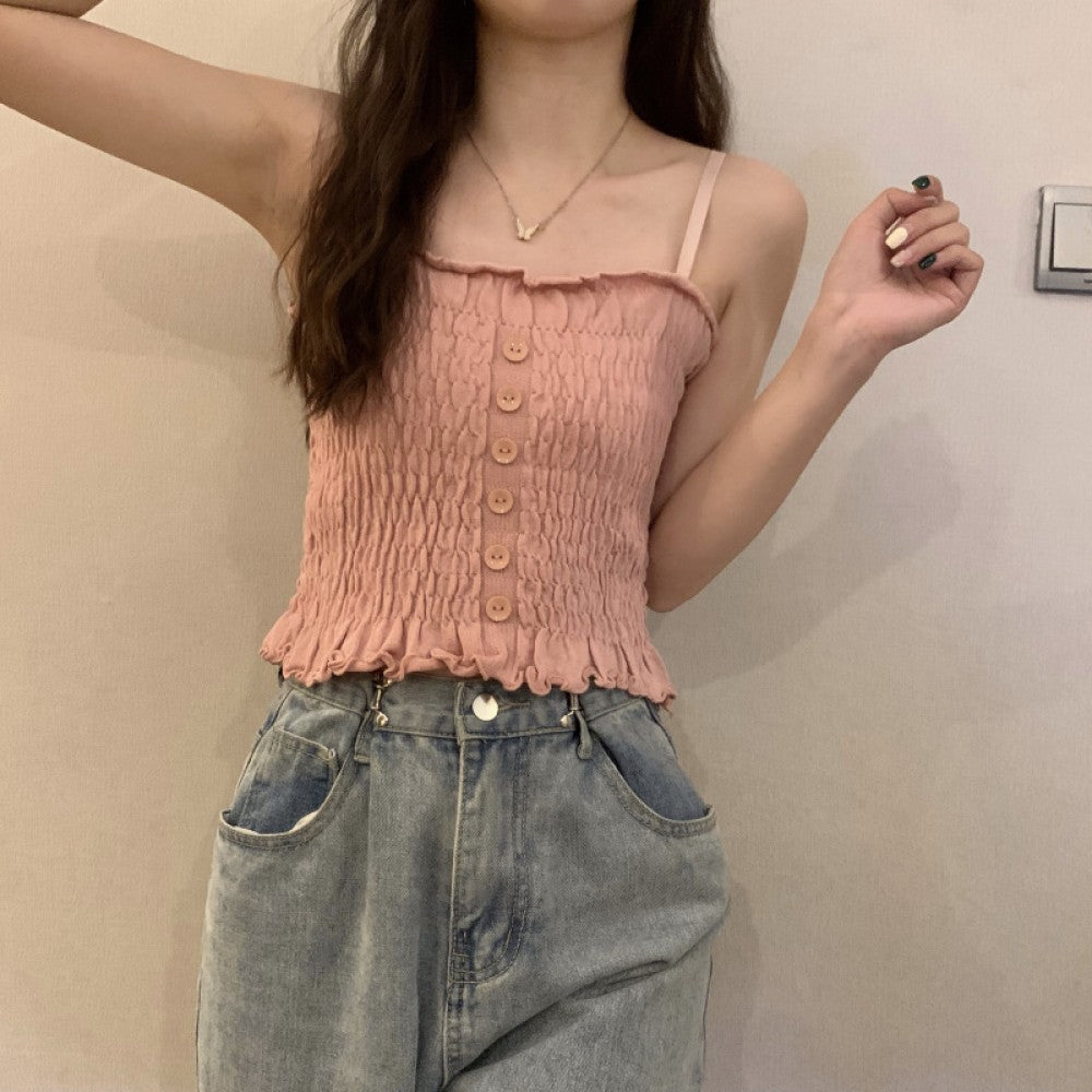 Women Slim Solid Wrinkle Crop Tops Shirt - Pink - Shop N Save