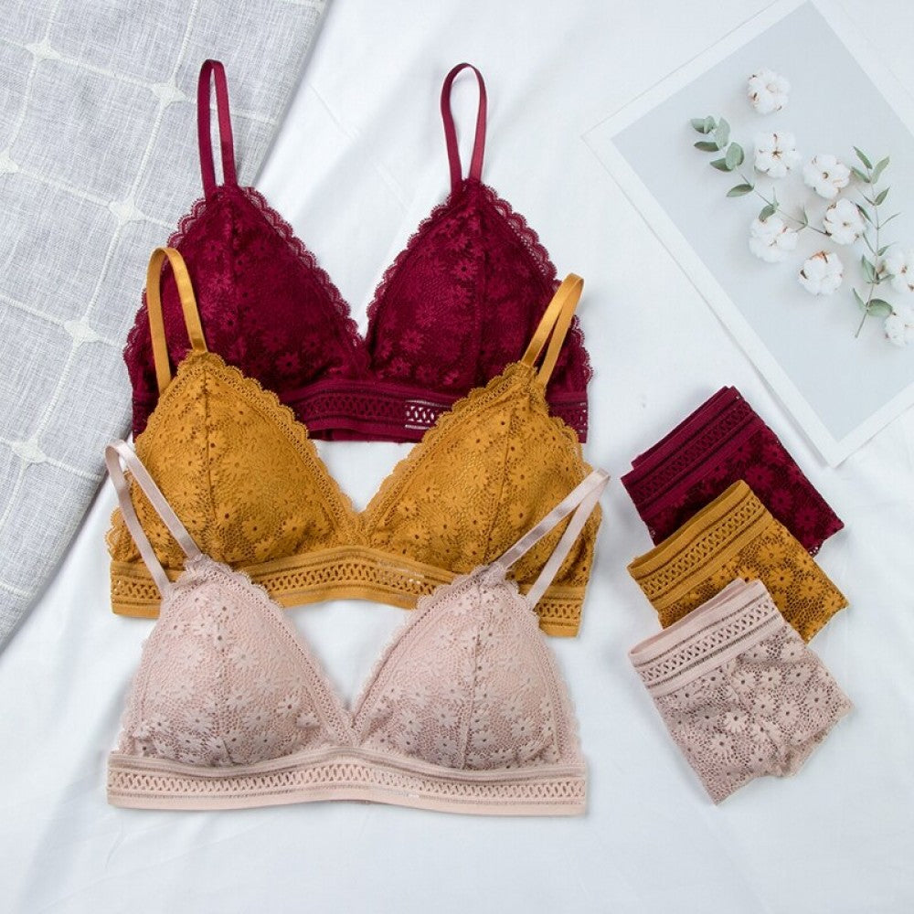 Classy Lace Underwear Suit V-Neck Hollow Out - Maroon - Shop N Save
