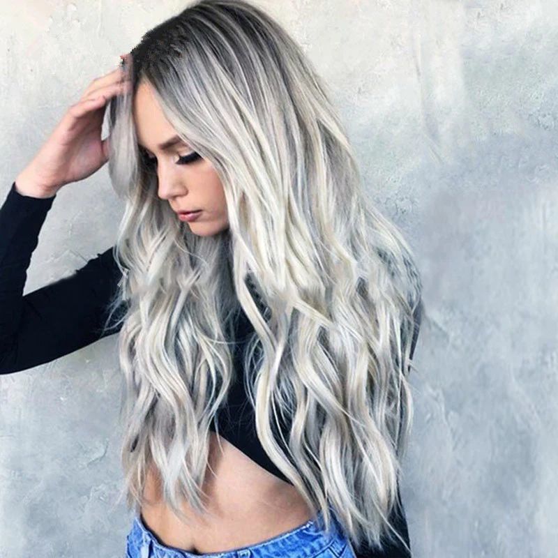 Wavy Long Hair Wig - Black & Gray Gradient T-Color European Fashion Headgear