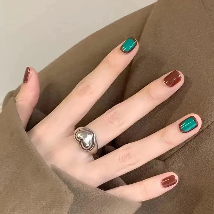 24 Pcs Emerald & Maroon Square False Nails: Short Press-On & Glue - Shop N Save