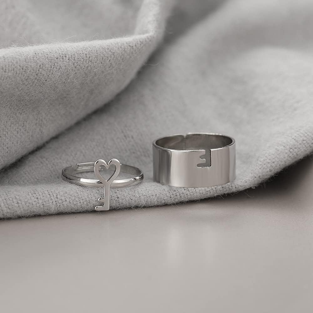 Couple Ring Set: Silver Heart Open Rings with Lock & Key Design - Shop N Save