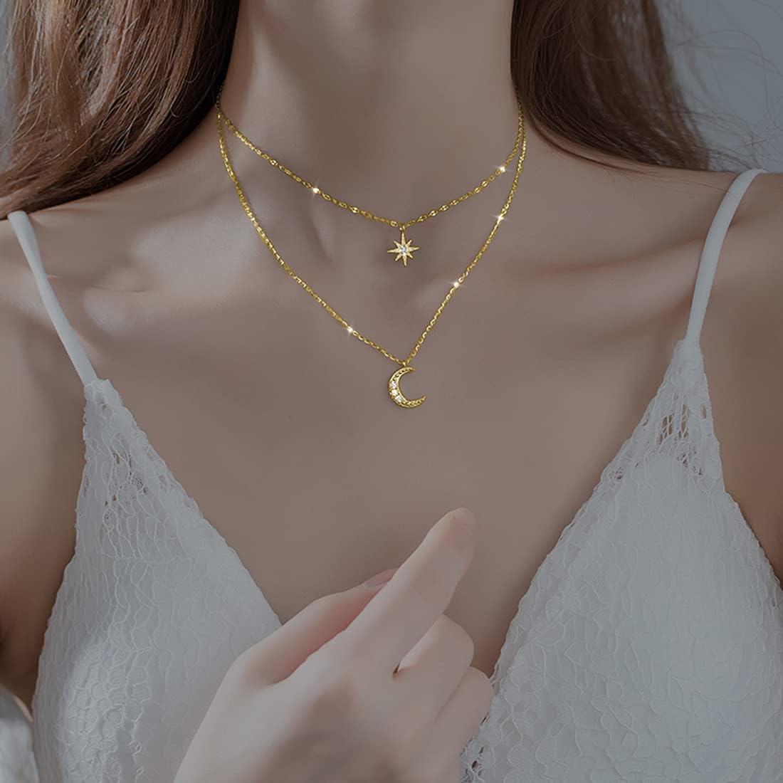 Sterling Golden Star Moon Choker: Layered Necklace for Women & Teens - Shop N Save