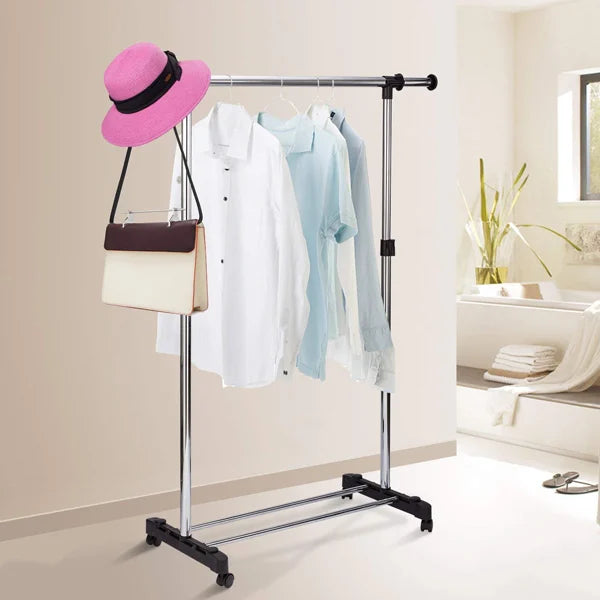 Silver Stainless Steel Telescopic Garment Rack with Wheels Portable Clothes Organizer for Easy Storage and Organization - Shop N Save