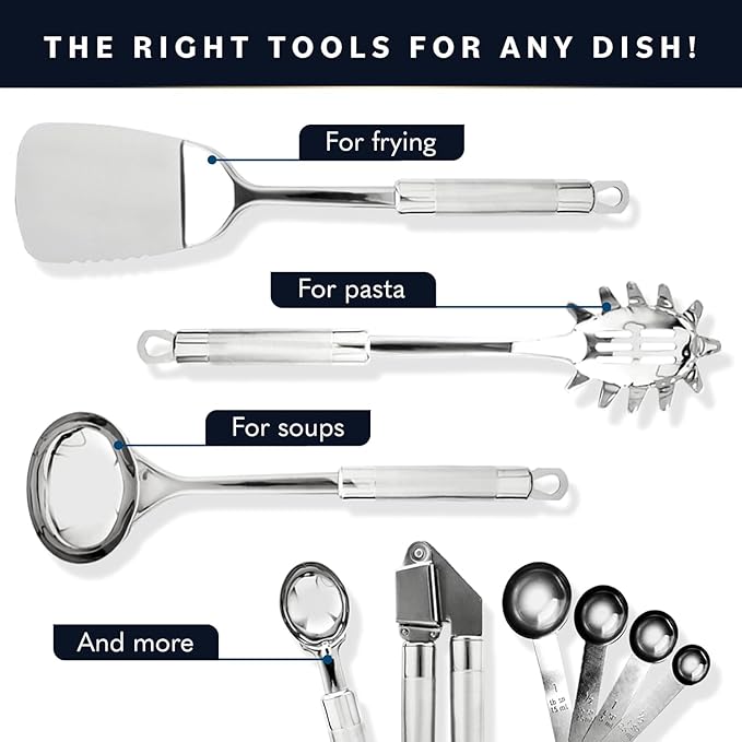 Collins 54 PCs Stainless Steel Kitchen Utensils Set - Nonstick Stainless Steel Cooking Utensils Set - Heat Resistant Kitchen Essentials & Metal Kitchen Gadgets