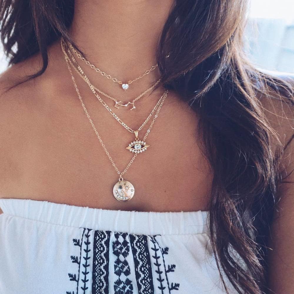 Layered Gold Choker: Crystal & Evil Eye Pendant Jewelry for Women - Shop N Save