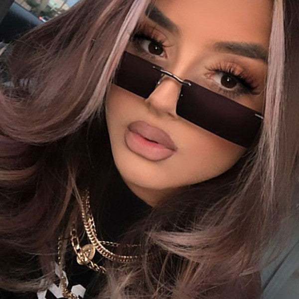Frameless Slim Lens Personality Square Sunglasses - Dark Brown