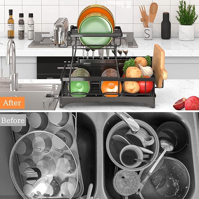 Prosight Dish Drying Rack, 2 Tier Dish Rack with Adjustable Swivel Spout Cups Holder Utensils holder, Rustproof Dish Drainer for Kitchen Counter, 17.3” L× 12.2”W× 13”H