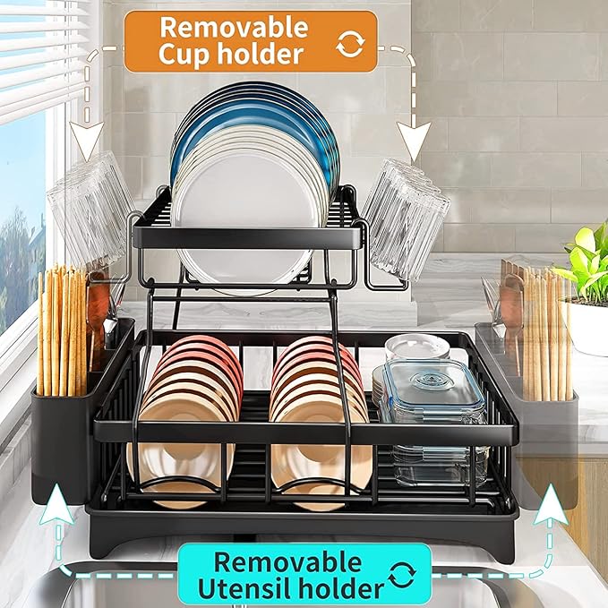Prosight Dish Drying Rack, 2 Tier Dish Rack with Adjustable Swivel Spout Cups Holder Utensils holder, Rustproof Dish Drainer for Kitchen Counter, 17.3” L× 12.2”W× 13”H