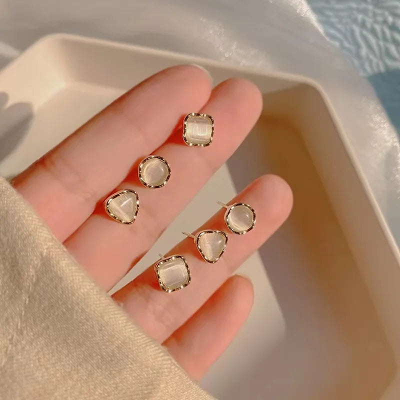Golden Geometric Opal Studs: Korean Triangle & Circle Earrings Set - Shop N Save
