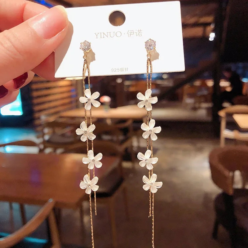Pearl Floral Earrings - Wedding Pendant, Korean Crystal Jewelry - Shop N Save