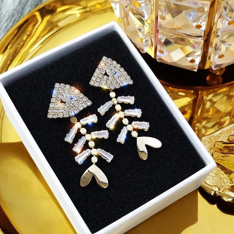 Rhinestone Fish Bone Drop Earrings: Trendy Fashion Gift - Shop N Save