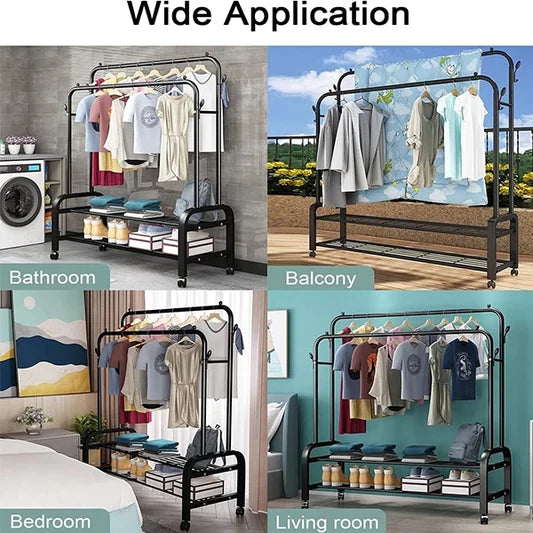 Double Rail Clothes Rack Hanger With Shoes Organizer