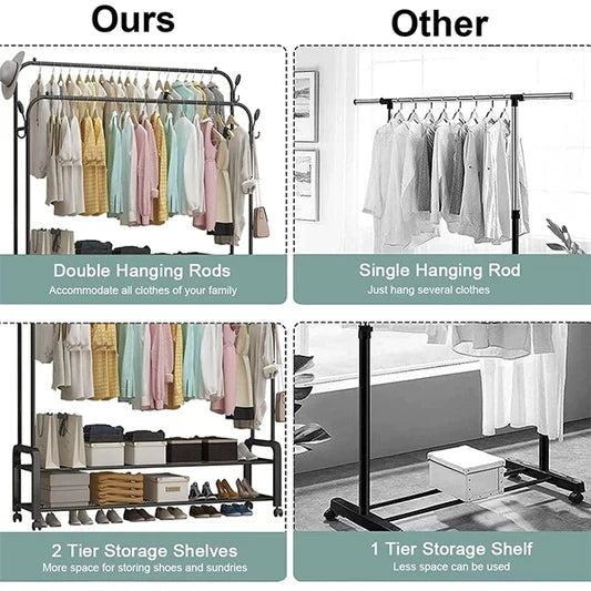 Double Rail Clothes Rack Hanger With Shoes Organizer