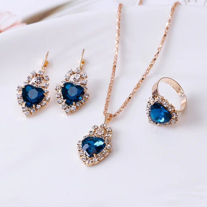 Sea Green Heart Crystal Trio: Necklace, Earrings & Ring Set for Elegance - Shop N Save